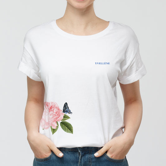 YVELLÈNE Original Tee Cotton Straight T-Shirt with Floral Print Rose