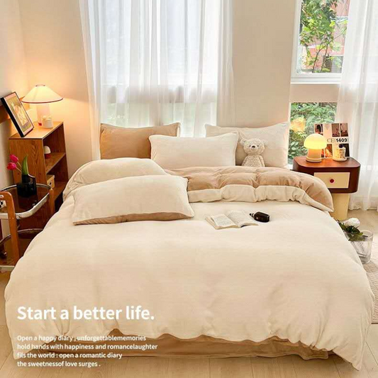 Winter Warm Bedding Collection – Double Teddy Fleece Reversible Bedding Set Latte Beige