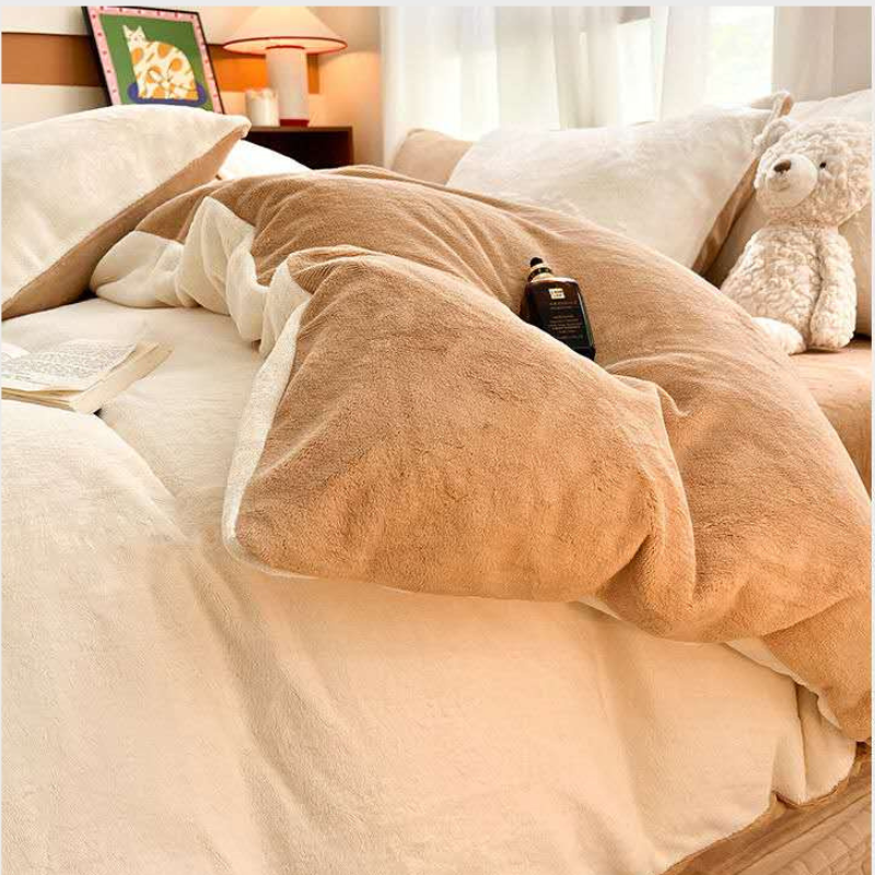 Winter Warm Bedding Collection – Double Teddy Fleece Reversible Bedding Set Latte Beige